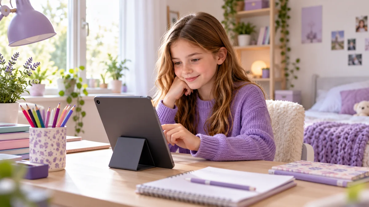 Kind nutzt ein Tablet am hellen Schreibtisch