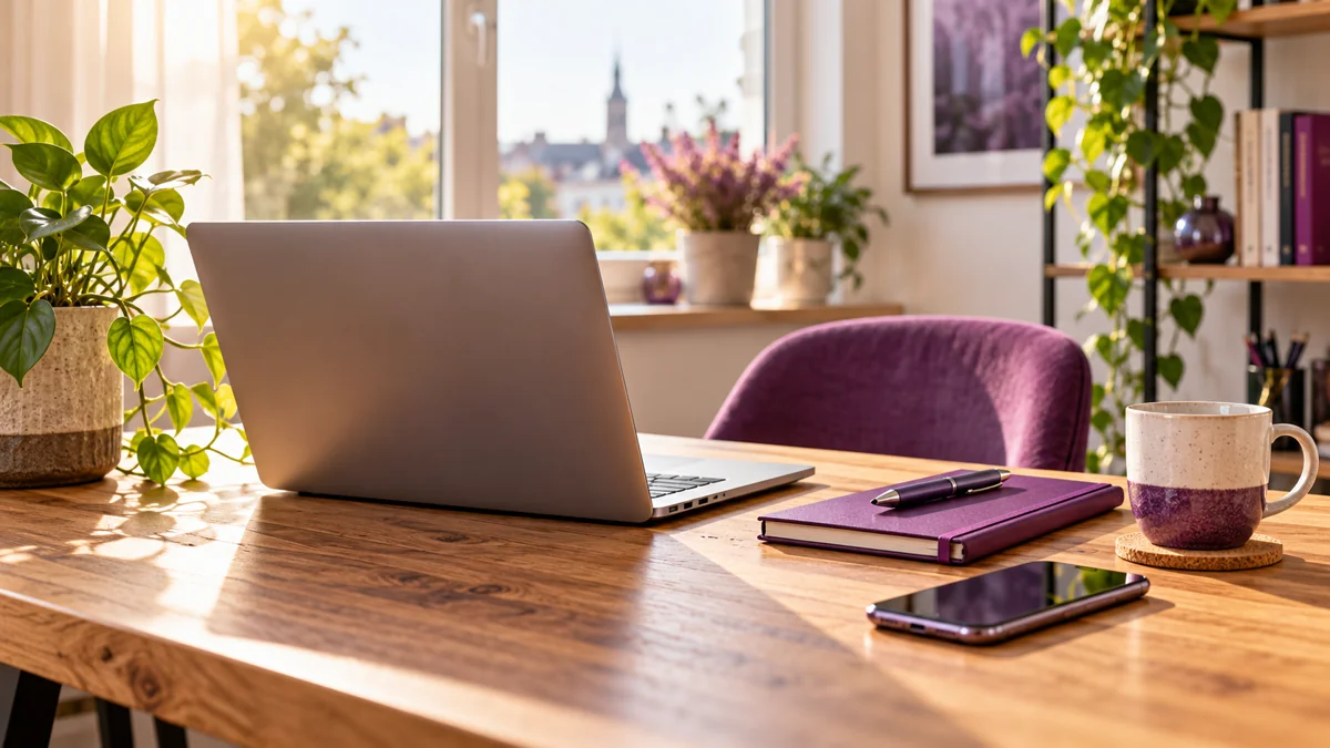 Redaktioneller Arbeitsplatz mit Laptop, Notizbuch und Smartphone
