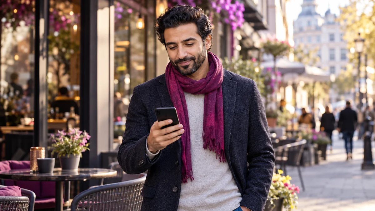 Mann prüft sein Smartphone vor einem Stadtcafé